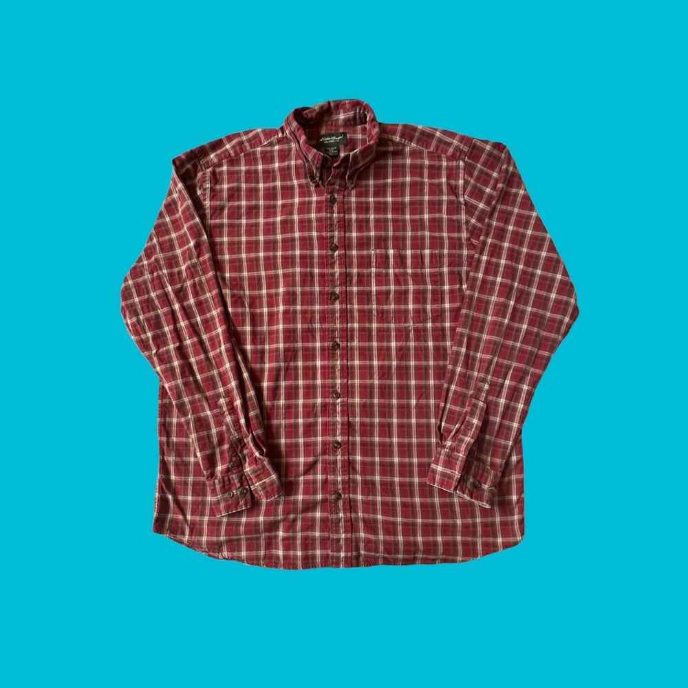 Eddie Bauer Flannel Button Shirt Relaxed Fit 100% Cotton Red Plaid Men Tall XL